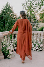 Rust Orange Embroidered Kurti Set with Pant & Dupatta | Maltoz