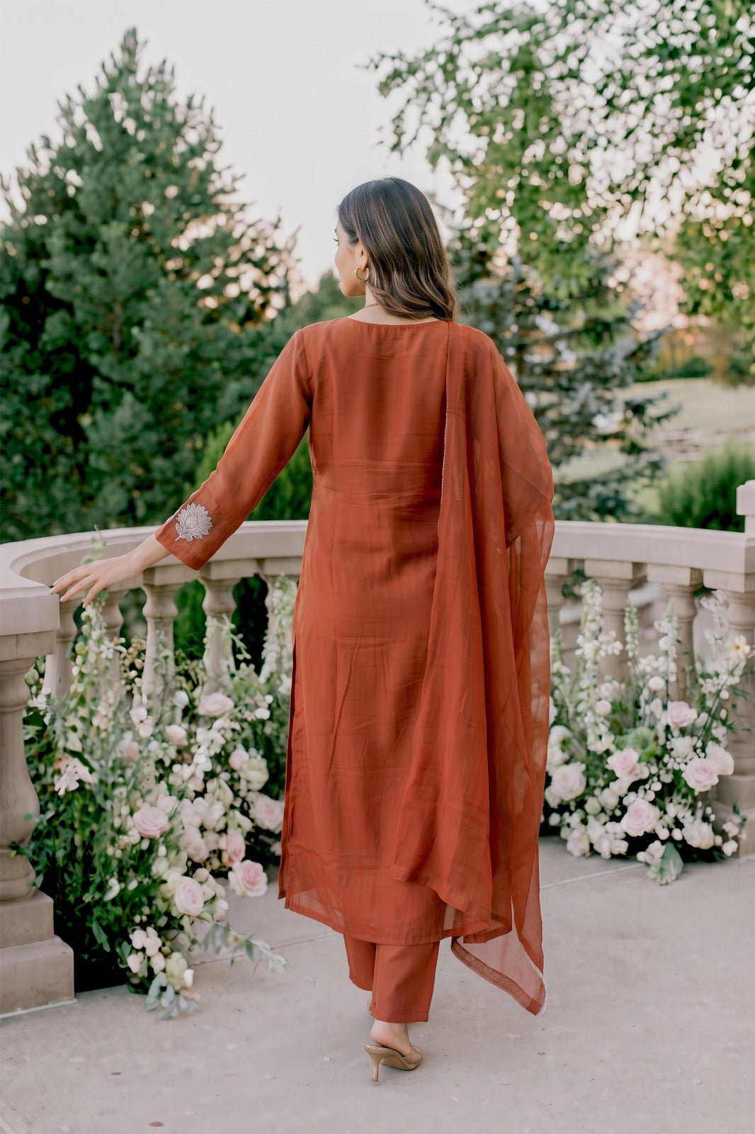 Rust Orange Embroidered Kurti Set with Pant & Dupatta | Maltoz