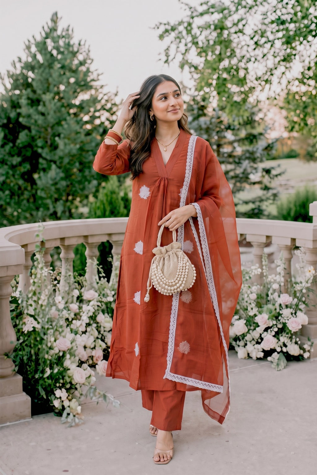 Rust Orange Embroidered Kurti Set with Pant & Dupatta | Maltoz