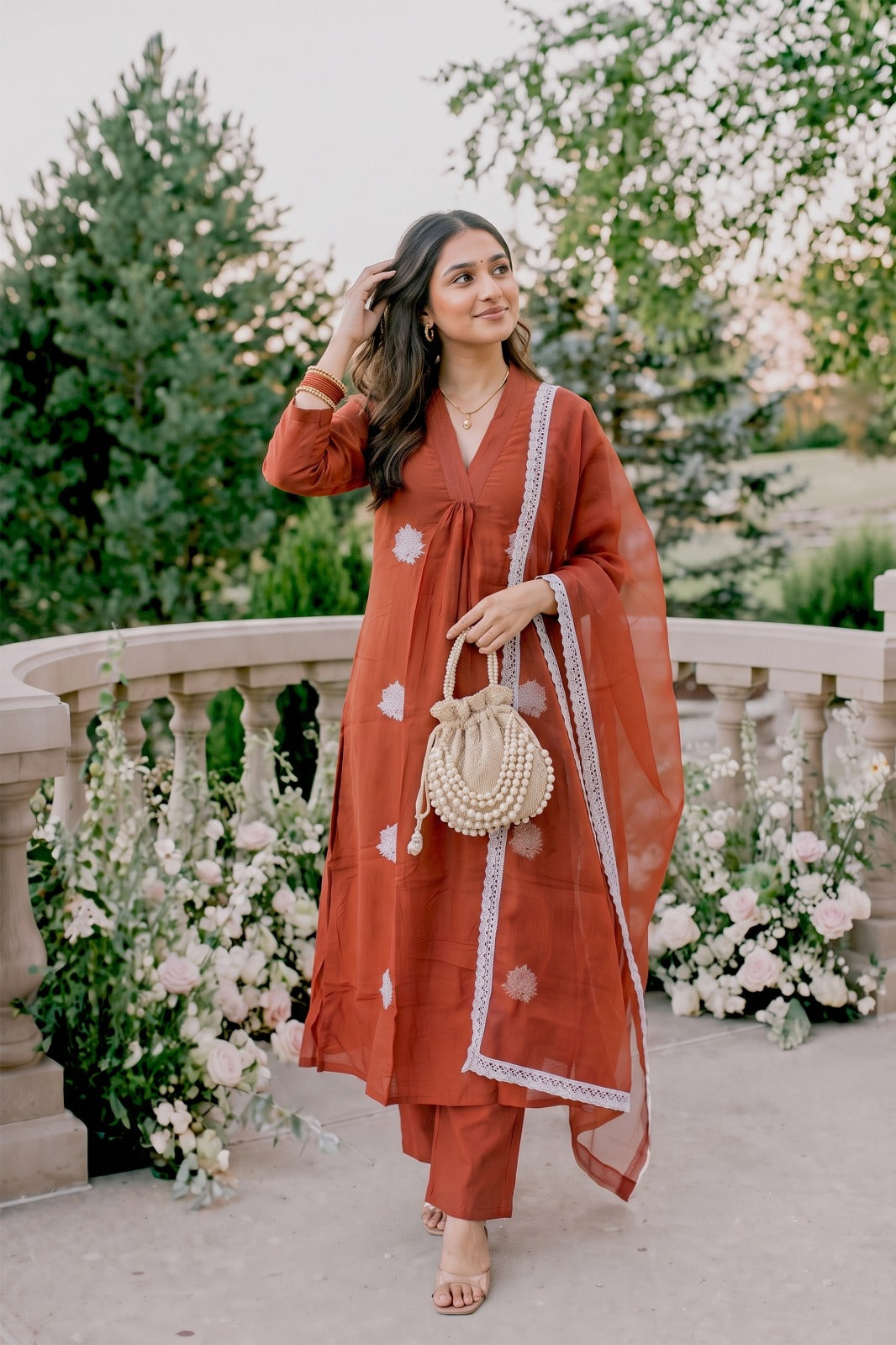 Rust Orange Embroidered Kurti Set with Pant & Dupatta | Maltoz