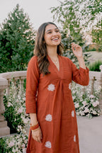 Rust Orange Embroidered Kurti Set with Pant & Dupatta | Maltoz