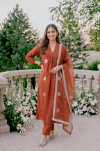 Rust Orange Embroidered Kurti Set with Pant & Dupatta | Maltoz