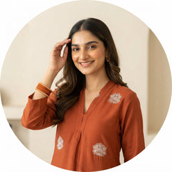 Rust Orange Embroidered Kurti Set with Pant & Dupatta | Maltoz - editorial-used-by