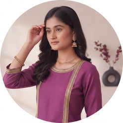 Plum Purple Kurti Set with Pant & Gold Lace Detailing | Maltoz - editorial-used-by