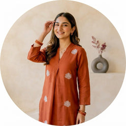 Rust Orange Embroidered Kurti Set with Pant & Dupatta | Maltoz - editorial-used-by