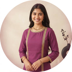 Plum Purple Kurti Set with Pant & Gold Lace Detailing | Maltoz - editorial-used-by